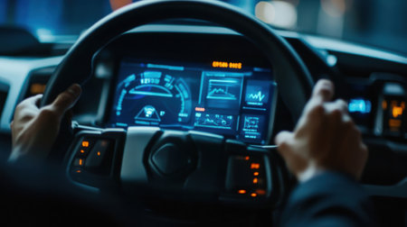 A medium closeup of a fuel cell vehicles dashboard displaying realtime data on hydrogen levels energy output and system efficiency while hands grip the steering wheelの素材
