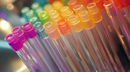An image capturing a closeup of a pipette tip rack filled with colorful sterile tips. The tips exhibit variations in size with clear labeling that suggests different applications creatinの素材