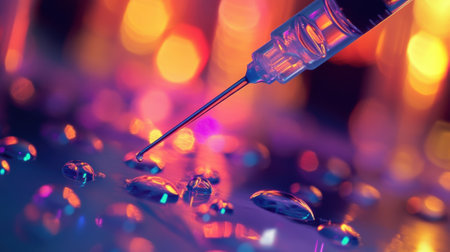 A dynamic medium closeup of a syringe being loaded with a nanoparticlebased solution with droplets of the vibrant mixture reflecting the light symbolizing the innovative delivery oの素材