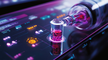 A medium closeup shot focusing on the sample injection port of a flow cytometer showcasing a small vial of stained cell suspension poised for analysis with the devices touchscreen interfacの素材