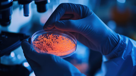 A medium closeup examination of a researchers hands holding a petri dish filled with nanoparticles as they make adjustments under a bright laboratory light emphasizing the delicatの素材