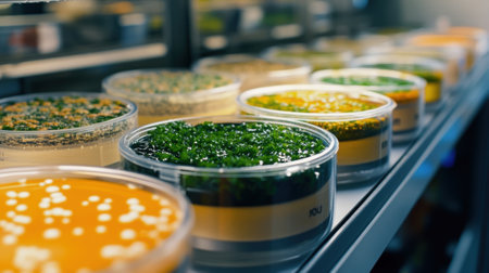 A medium closeup showcasing a diverse array of nutrientrich cultivation media each labeled with specific strain information providing insight into the variety of microbial therapieの素材