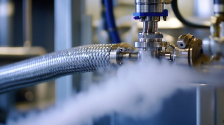 A medium closeup image focusing on the transfer mechanism used to move liquid nitrogen from storage tanks into smaller containers. The image shows a flexible reinforced hose connecteの素材