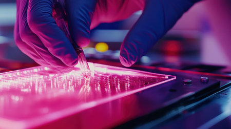 A medium closeup of a scientists gloved hands carefully placing a small sample drop onto the surface of a microfluidic chip with minuscule channels visible designed for analyzing biologicaの素材