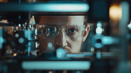 A medium closeup of a researchers focused expression peering through a microscope at a perovskite film sample surrounded by stacks of notebooks and analytical equipment encapsulatinの素材