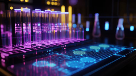 A closeup image of a test tube rack holding various samples with an augmented reality display in the foreground showing blockchain authentication processes for each sample enhancinの素材