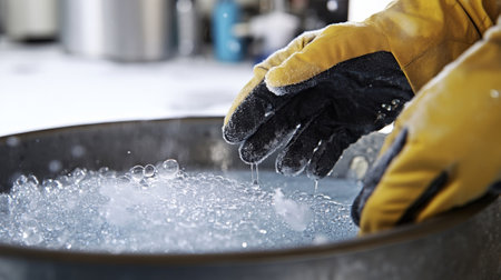 A medium closeup depicting gloves and protective glasses p beside an open liquid nitrogen tank emphasizing safety equipment essential for handling cryogenic materials. The scene captureの素材
