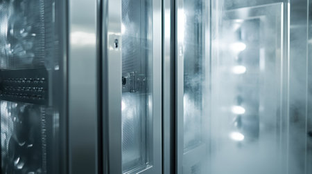 A closeup of a sample retrieval chamber with transparent doors illustrating the secure and sterile environment where samples are stored with a slight fog created by temperature controの素材