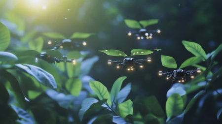 small robotic drones floating above adjusting light levels to optimize photosynthesisの素材