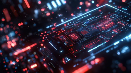 Futuristic quantum computing processing data on motherboard with red and blue lightsの素材