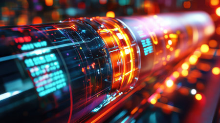 A closeup of a solidstate battery undergoing a charging cycle with a digital display in the background showing voltage levels and colored indicators reflecting the energy flow and statの素材