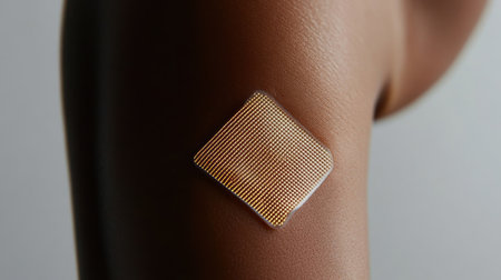 A closeup view of a skin patch embedded with tiny sensors adhering comfortably to a forearm capturing intricate details of the sensor technology and skin texture while showcasing thの素材