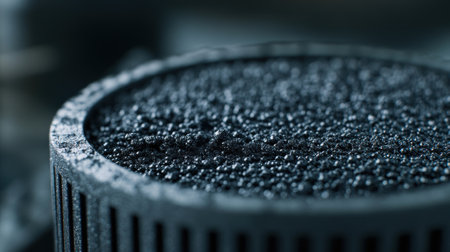 A closeup of a carbon absorption filter highlighting the texture of the specialized material designed to CO2. The filter is situated in an industrial setting with small droplets oの素材