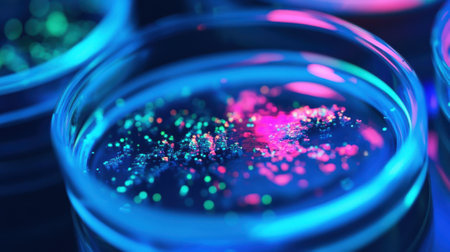 A closeup of a petri dish containing genetically modified cells glowing under fluorescent light. The cells exhibit distinctive characteristics as part of a CRISPR screening projecの素材