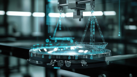 A closeup of precision weighing scales with an overlay of blockchainbased encryption icons on the display screen illustrating how weight measurements are securely logged and tracedの素材