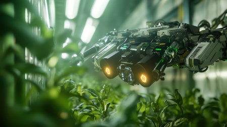 A medium closeup of a robotic system equipped with multiple sensors navigating through a densely packed vertical farming setup meticulously monitoring plant health and moisture levelの素材