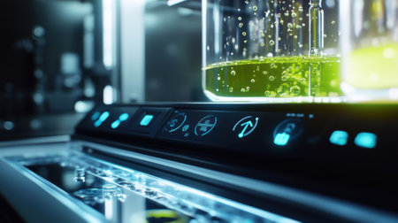 A closeup of the laboratory hoods control interface highlighting an array of touchsensitive buttons and LED indicators. Fingerprints and smudges showcase frequent use while a nearbの素材