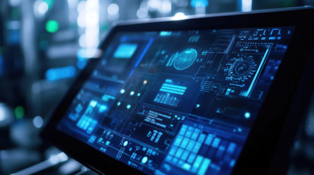 Futuristic control panel monitoring production process in high tech manufacturing plantの素材