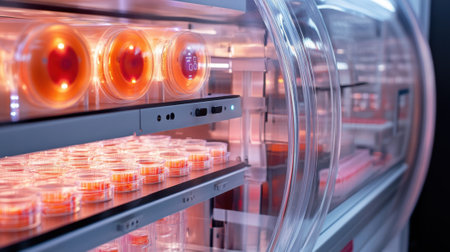A closeup of the interior of a smart incubator featuring a transparent door that reveals a meticulously organized arrangement of petri dishes and sample vials. The automated monitorinの素材