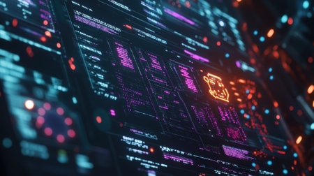 Futuristic interface showing programming code and manufacturing processの素材