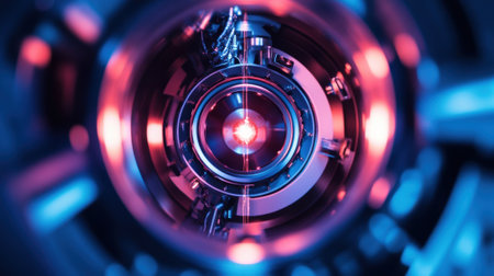 A medium closeup of the electron gun assembly highlighting the sharp tungsten filament emitting electrons surrounded by delicate focusing lenses designed to create a tight coherenの素材
