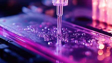 An intricate closeup image of a flow cell within the cytometer revealing the transparent microfluidic chamber where the cell flow is carefully aligned and focused for optimal detectioの素材