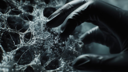 A medium closeup of a scientists gloved hands manipulating a delicate scaffold infused with living cells under a microscope. The focus captures the fine textures of the scaffolds surfacの素材