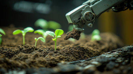 A closeup of soilless growing media made from recycled materials with small seedlings sprouting while a robotic arm equipped with a light source enhances their growth in the controlleの素材