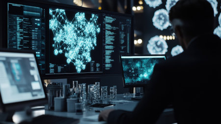 A medium closeup of a group of researchers analyzing data on computer screens displaying graphs and molecular models of graphene ed around a workstation filled with hightech deviceの素材