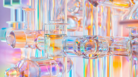 A closeup on specialized laboratory equipment featuring an array of glassware interconnected by tubes with colorful substances flowing within. The intricate setup showcases the complexitの素材