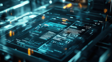 Futuristic manufacturing control panel showing data and statistics in modern factoryの素材