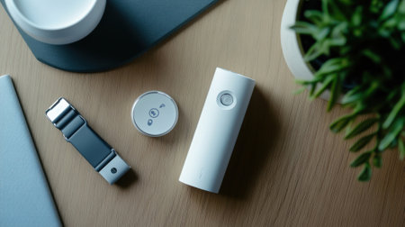 An overhead view of the smart inhaler and a health tracking wristband side by side on a table illustrating the integration of wearable technology and respiratory management in dailの素材