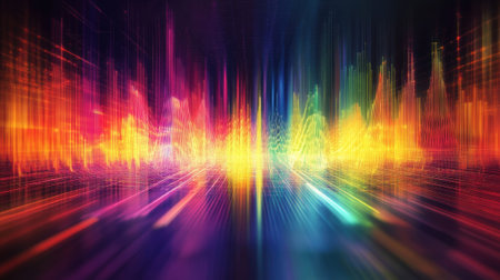 Futuristic audio spectrum visualization expanding in digital cityscapeの素材