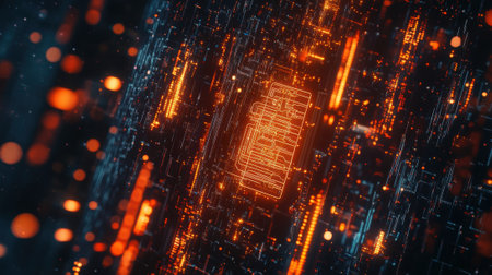 Innovative manufacturing process with glowing orange circuit board and data flowの素材