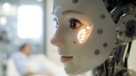 A medium closeup of a robotic nurses face featuring an expressive LED display that simulates human emotions conveying empathy as it engages with a patient. Soft reflections in the robotiの素材