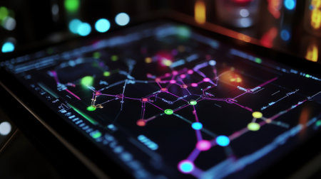 A closeup view of a digital tablet displaying AI algorithms generating potential drug compounds with an overlay of chemical structures being analyzed and evaluated by the software iの素材