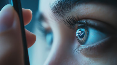 A medium closeup of a user interacting with a smartphone app that displays glucose level readings with a focus on the phone screen while the users smart contact lens glistens faintlの素材
