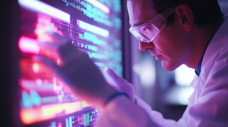 A medium closeup capturing the moment a scientist examines a digital readout from a flow cytometer with colorful histograms depicting the expression of cell surface markers illustratinの素材