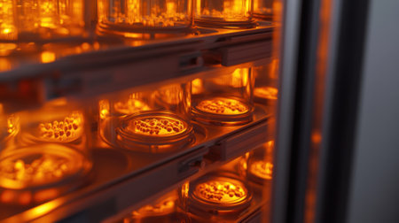 A medium closeup of an incubator door slightly ajar showcasing multiple culture flasks each containing expanding stem cell colonies with a warm orange glow illuminating the cells anの素材