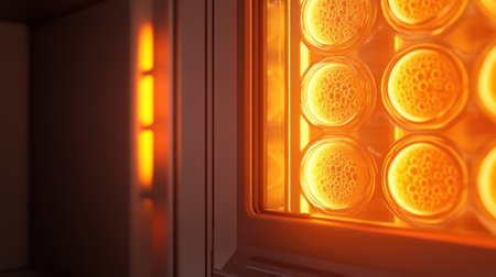 A medium closeup of an incubator door slightly ajar showcasing multiple culture flasks each containing expanding stem cell colonies with a warm orange glow illuminating the cells anの素材