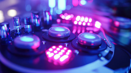 A medium closeup of a diagnostic device with a futuristic design showcasing an array of sensors and cameras. The focus highlights the intricate details of the sensors as they capturの素材