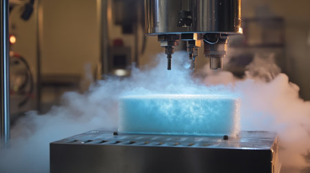 A closeup of highstrength aerogels being tested in a lab setting reveals a specialized apparatus measuring thermal conductivity. The shiny metal components contrast with the soft palの素材