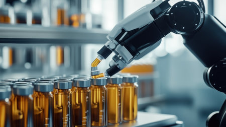 A medium closeup of a robotic arm carefully administering liquid to a series of small vials within a sterile laboratory environment showcasing advanced automation in the drug formulatioの素材