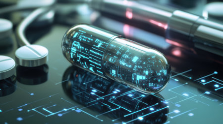 A closeup perspective of a smart pill next to a medical device with a focus on the tiny intricate components of the pill that enable data collection set against a backdrop of clinicaの素材
