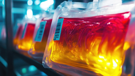 A closeup of a dualchamber bag containing freshly harvested immune cells with one side displaying vibrant swirling red and yellow hues indicative of successful cell expansion whilの素材