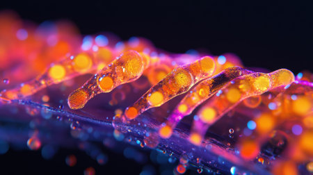 A closeup of mRNA strands visualized under a microscope reflecting their intricate structure and highlighting the advanced technology used in vaccine developmentの素材