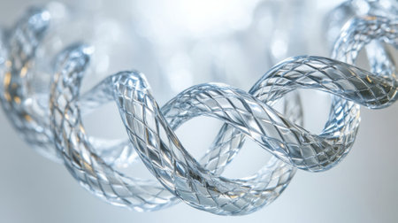 A closeup captures the twisted spiral design of a biodegradable stent emphasizing its flexibility and resilience. The slight sheen of the material indicates a coating that may facilitatの素材