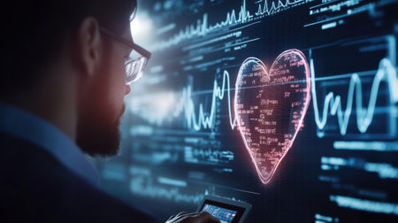 A medium closeup of a digital heart rhythm display projected onto a wall with an engineer analyzing the data on a laptop illustrating the integration of technology and data managemenの素材