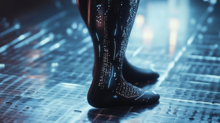 A medium closeup of a lightweight futuristic leg prosthetic featuring intricate carbon fiber design elements and embedded sensors demonstrating its adaptability and resilience inの素材