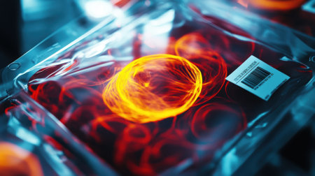 A closeup of a dualchamber bag containing freshly harvested immune cells with one side displaying vibrant swirling red and yellow hues indicative of successful cell expansion whilの素材